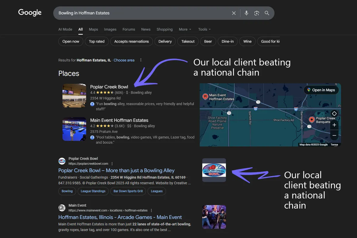 Google SEO from a client beating a national chain